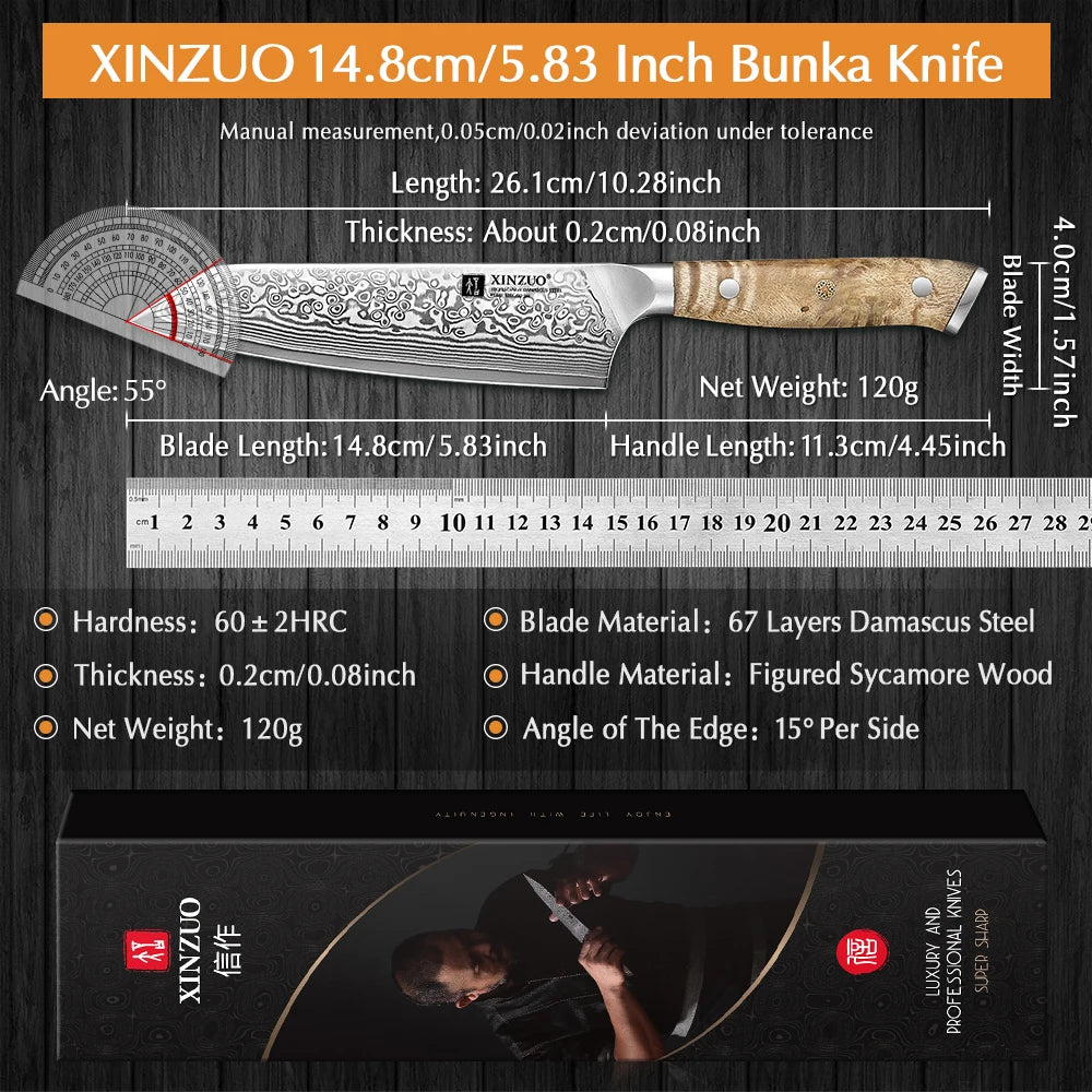 XINZUO 5.8 Inches Bunka Knife 67 Layers Damascus Steel Stainless Steel Ergonomically Designed Handle With Delicate Gift Box