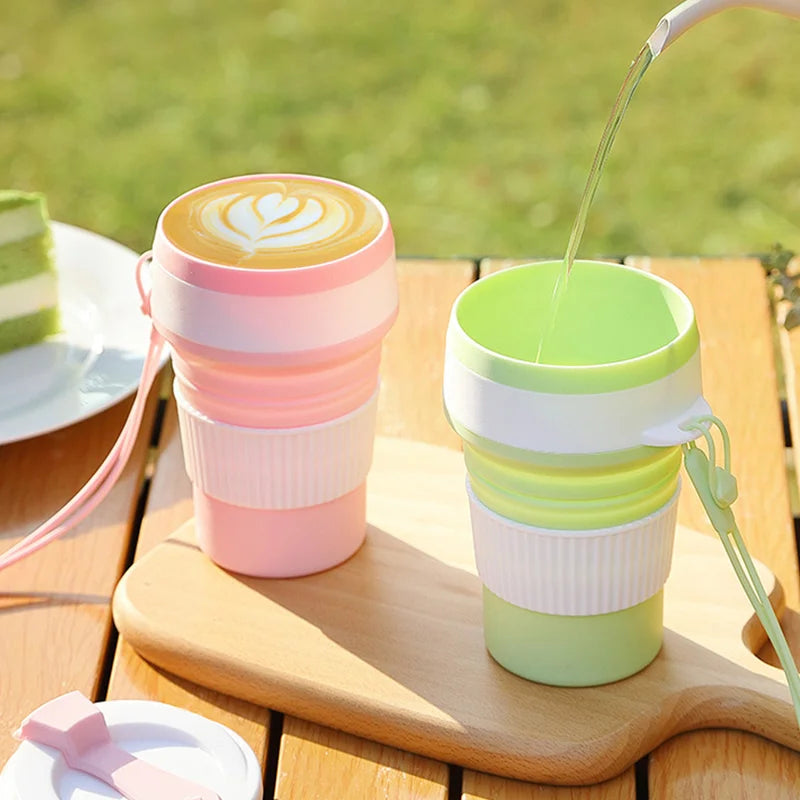 Collapsible Silicone Travel Cup, Reusable Foldable Water Cup with Lid and Lanyard, Portable Lightweight Drinking Mug for Camping