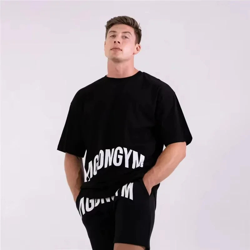 Men's White Oversized Gym T-Shirt, Agongym Bold Letter Graphic Print, Casual Workout Streetwear Tee for Lifting