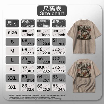 Vintage Washed Western Cowboy Cat T-shirt Cute Animal Manga T-shirts Men Women Cotton Casual Oversized T Shirt Tops