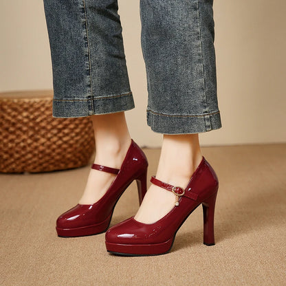 Women's classic round-toe platform heels with thick soles for 2026 summer featuring smooth leather texture Sizes available:35-42