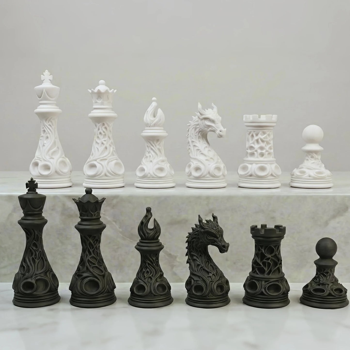 32pcs Gothic Dragon Chess Pieces Set Black White 3D Printed Hollow Design Tabletop Ornament Gift for Chess Lovers