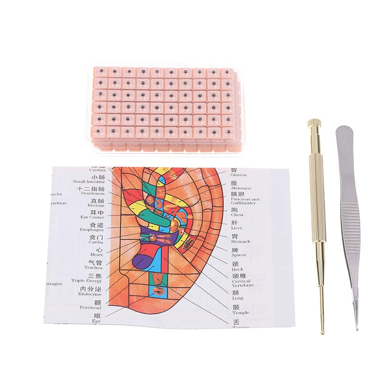 ★▲1 Set Multi-Condition Ear Seeds Acupuncture Auricular Sticker Kit 600pcs With Acupressure Chart Tweezer Auricular Probe