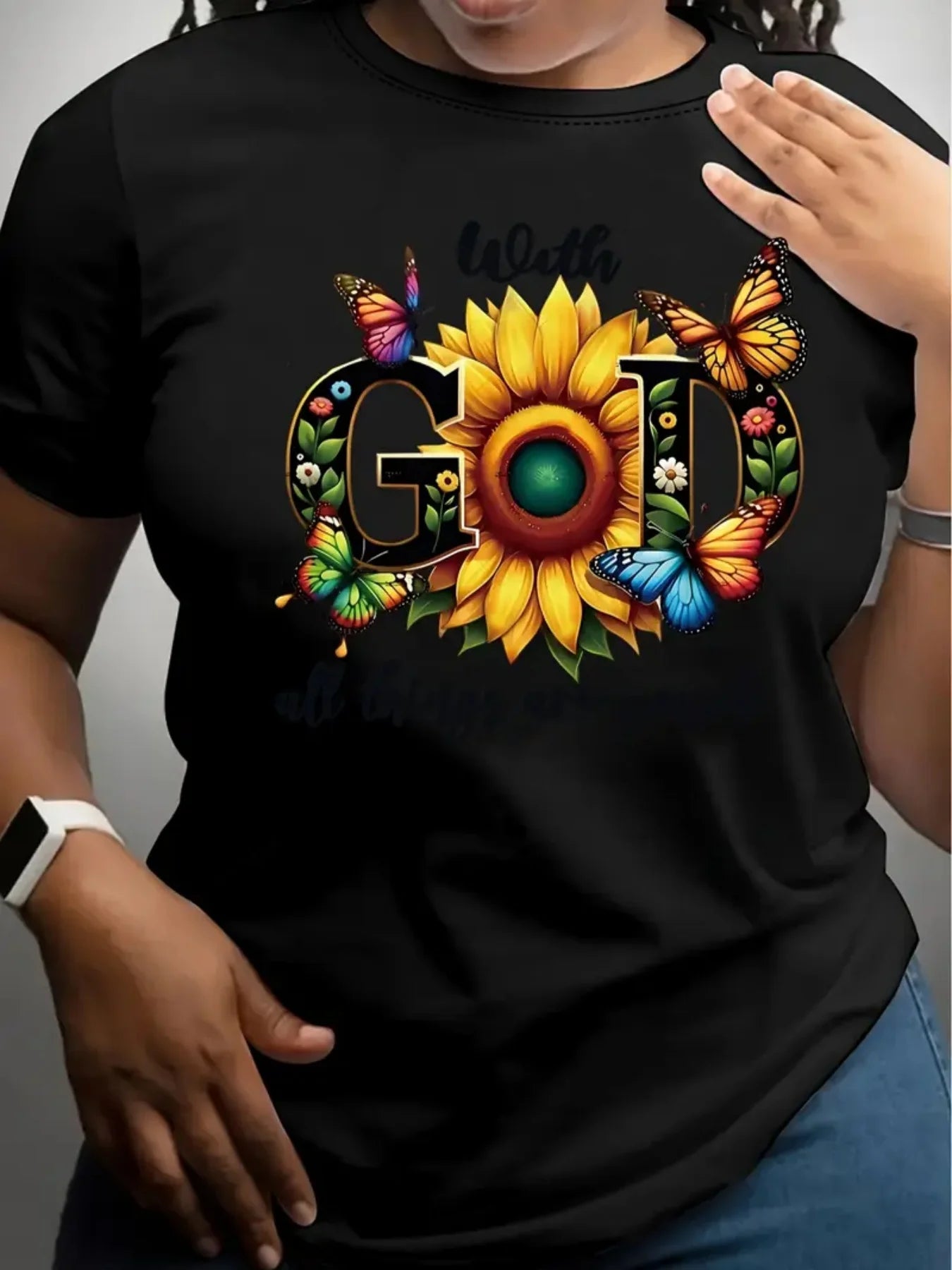 With God All Things Are Possible Women's Tee, Sunflower Butterfly Yellow Top