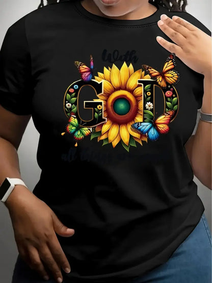 With God All Things Are Possible Women's Tee, Sunflower Butterfly Yellow Top