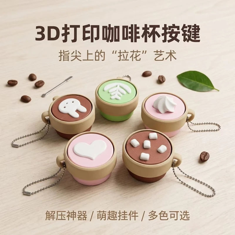 3D Printed Cappuccino Coffee Cup Keyrings Creative Clicker Button Dessert Keychains Office Stress Relief Keyboard Fidgets Gifts