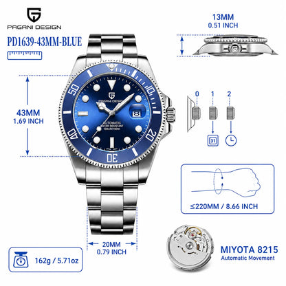 PAGANI DESIGN Men Watches Automatic Watch Mechanical Watch Sapphire Glass Stainless Steel Luminous Date Reloj Hombre Luxury Wris