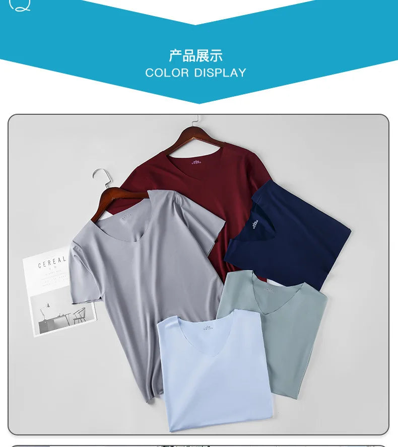 1pcs Men T-shirts Ice Silk Traceless Slim T Shirt For Man Seamless Casual V-neck Short Sleeve Tee Male Summer Thin Clothing Tops