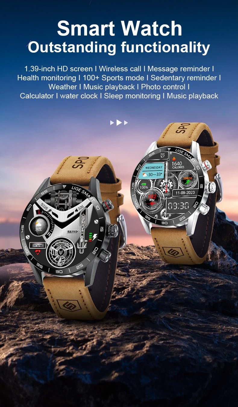 LIGE 2025 New Rugged Military Sports Smart Watch Men 1.39” HD Screen Heart Rate Bluetooth Call Waterproof Outdoor Men SmartWatc