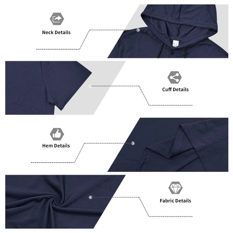 Summer Men's Short Sleeve Hooded T-Shirt Henry Neckline Drawstring Design Casual Loose Breathable Sporty Vest