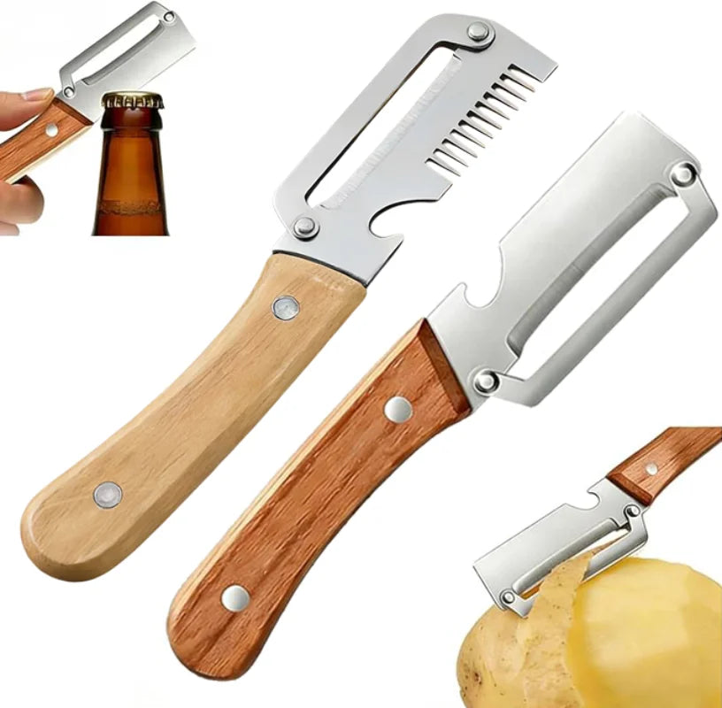 Multifunctional Vegetable Peeler with Sharp Stainless Steel Swivel Blade Wooden Handle and Bottle Opener for Kitchen Fruits