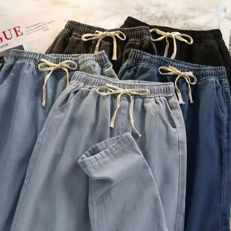 Boyfriend Style Vintage Solid Draped Denim Jeans, Loose Straight Korean High Street Y2K Hip Hop Floor-Length Wide Leg Pants