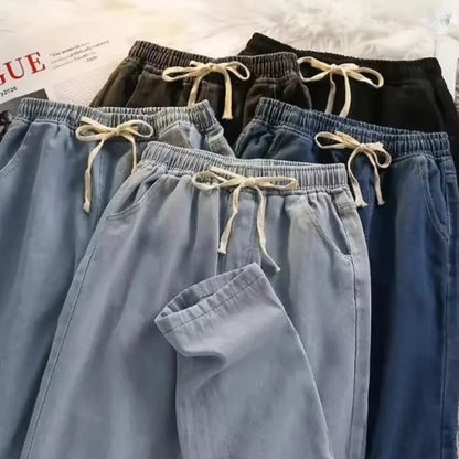 Boyfriend Style Vintage Solid Draped Denim Jeans, Loose Straight Korean High Street Y2K Hip Hop Floor-Length Wide Leg Pants