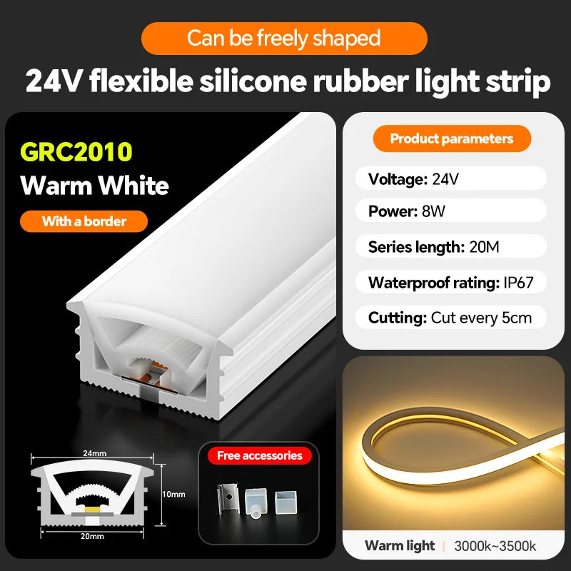 LED flexible silicone light strip embedded 24V waterproof tubing linear lamp concealed installation flexible soft light strip