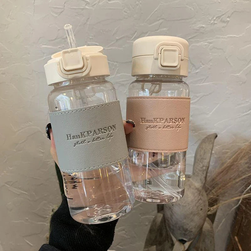 【LM】500ml Portable Water Bottle with Straw Creative Cute Leak-proof Plastic Drinking Bottle Milk Coffee Tea Juice Cup Drinkware