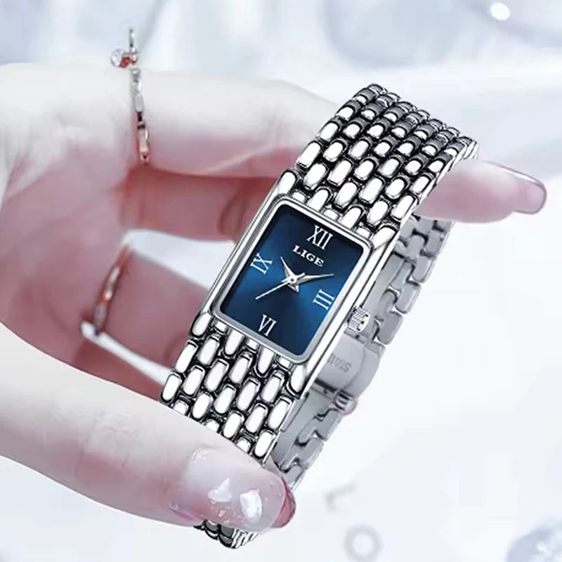 LIGE New Design Ladies Watch Fashion Quartz Wristwatch Silver Simple Square Women Watches Luxury Stainless Steel Folding Clock