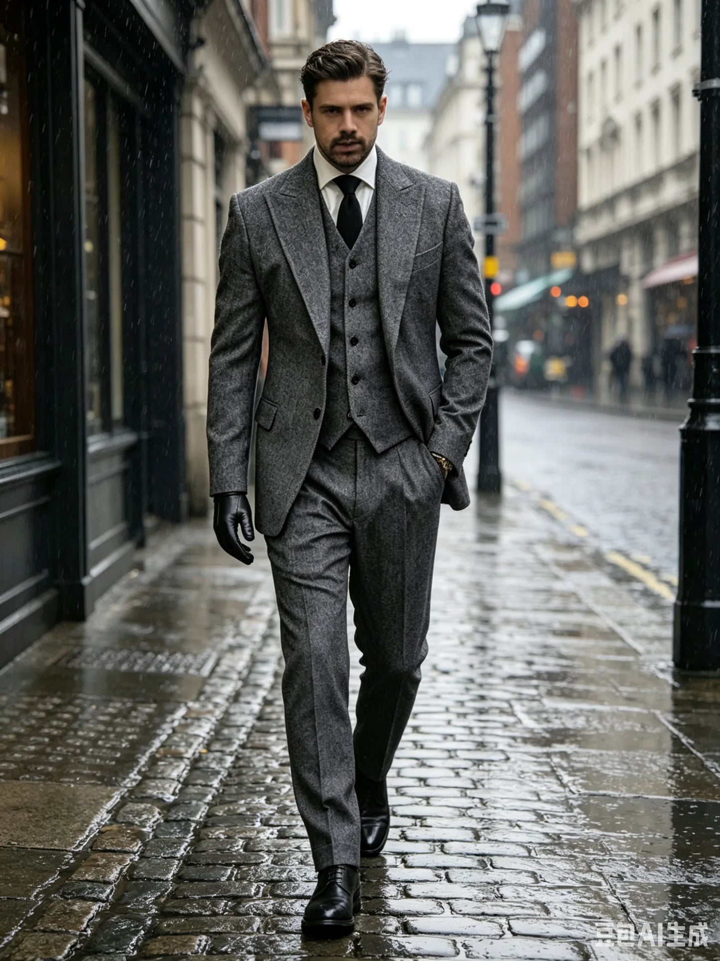 Formal 3 Pieces Men's Grey Herringbone Suits Slim Fit Peak Lapel Tweed Prom Tuxedos For Wedding/Business(Blazer+Vest+Pants)