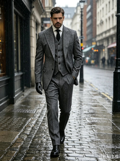 Formal 3 Pieces Men's Grey Herringbone Suits Slim Fit Peak Lapel Tweed Prom Tuxedos For Wedding/Business(Blazer+Vest+Pants)