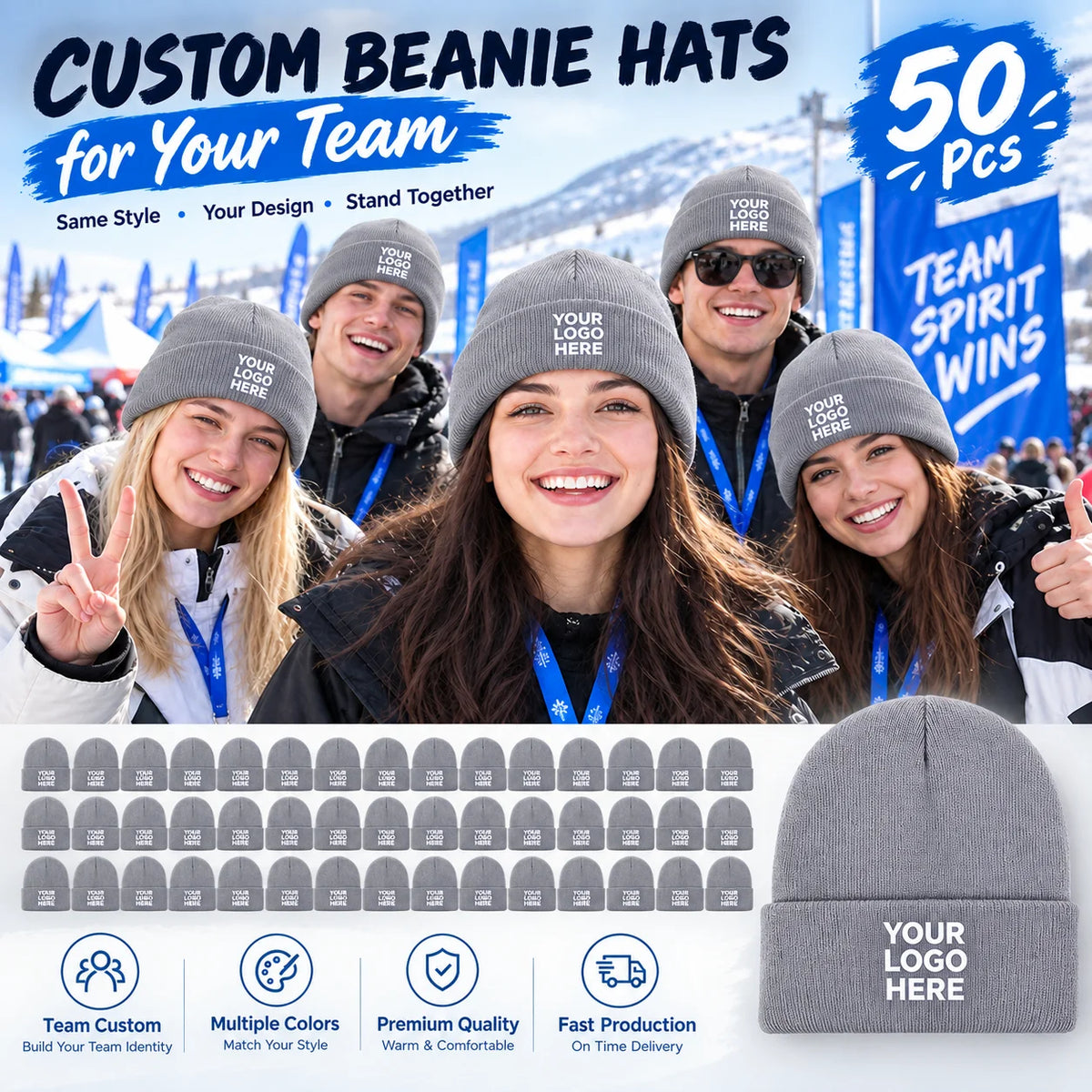 50 custom knit hats, can print personal or team logos, perfect for teams, companies, events, and group gifts