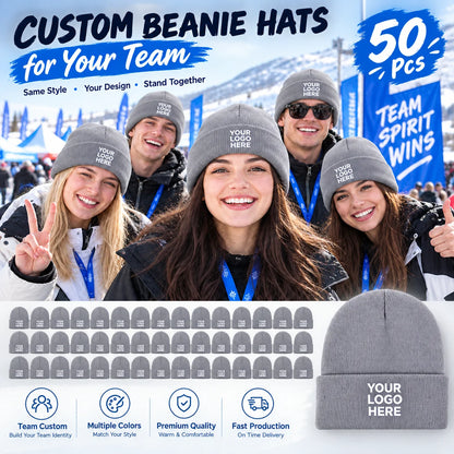 50 custom knit hats, can print personal or team logos, perfect for teams, companies, events, and group gifts
