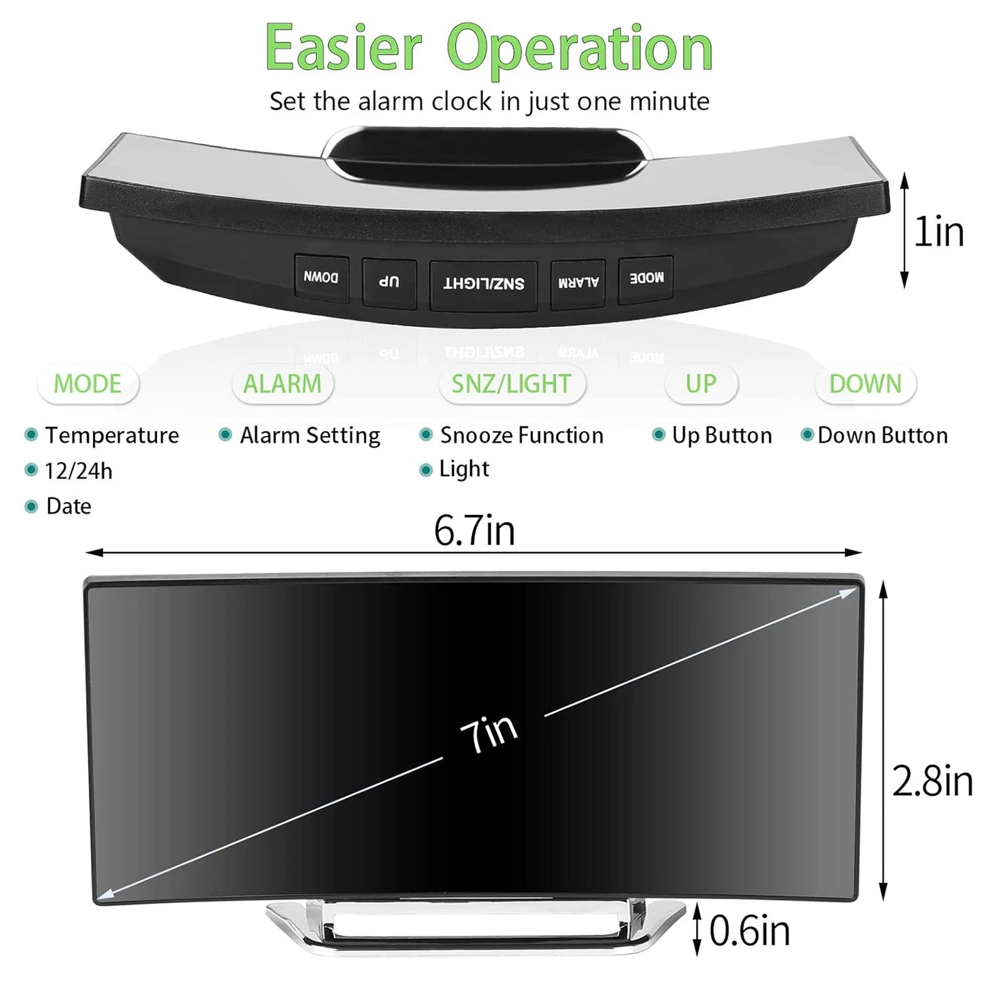 LED Alarm Clock 7'' Mirror Electronic Clock Large Scree Curved Digital Alarm Clock with 5-Min Snooze for Home Bedroom Office