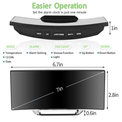 LED Alarm Clock 7'' Mirror Electronic Clock Large Scree Curved Digital Alarm Clock with 5-Min Snooze for Home Bedroom Office
