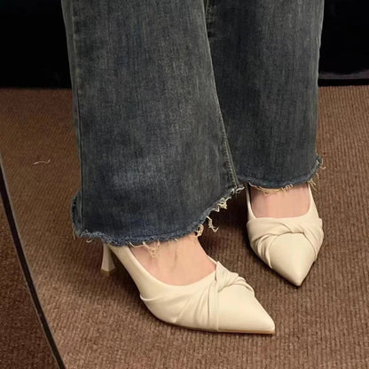 2026New spring and summer large-size elegant white high-heeled shoes for women, with thin heels and pointed toes, slip-on casual