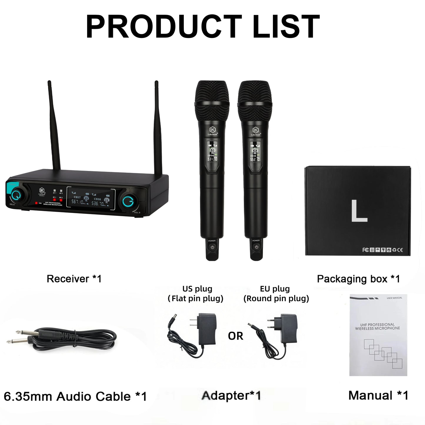 Lokchonk GLXD-2 Pro Professional Dual Channel Wireless Microphone System with 2 Handheld Mics for Stage Karaoke Speech Teaching