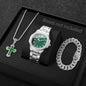 3PCS Fashion Men Business Watches Bracelet Necklace Set Square Dial Stainless Steel Band Quartz Watch with Calendar（Without Box）