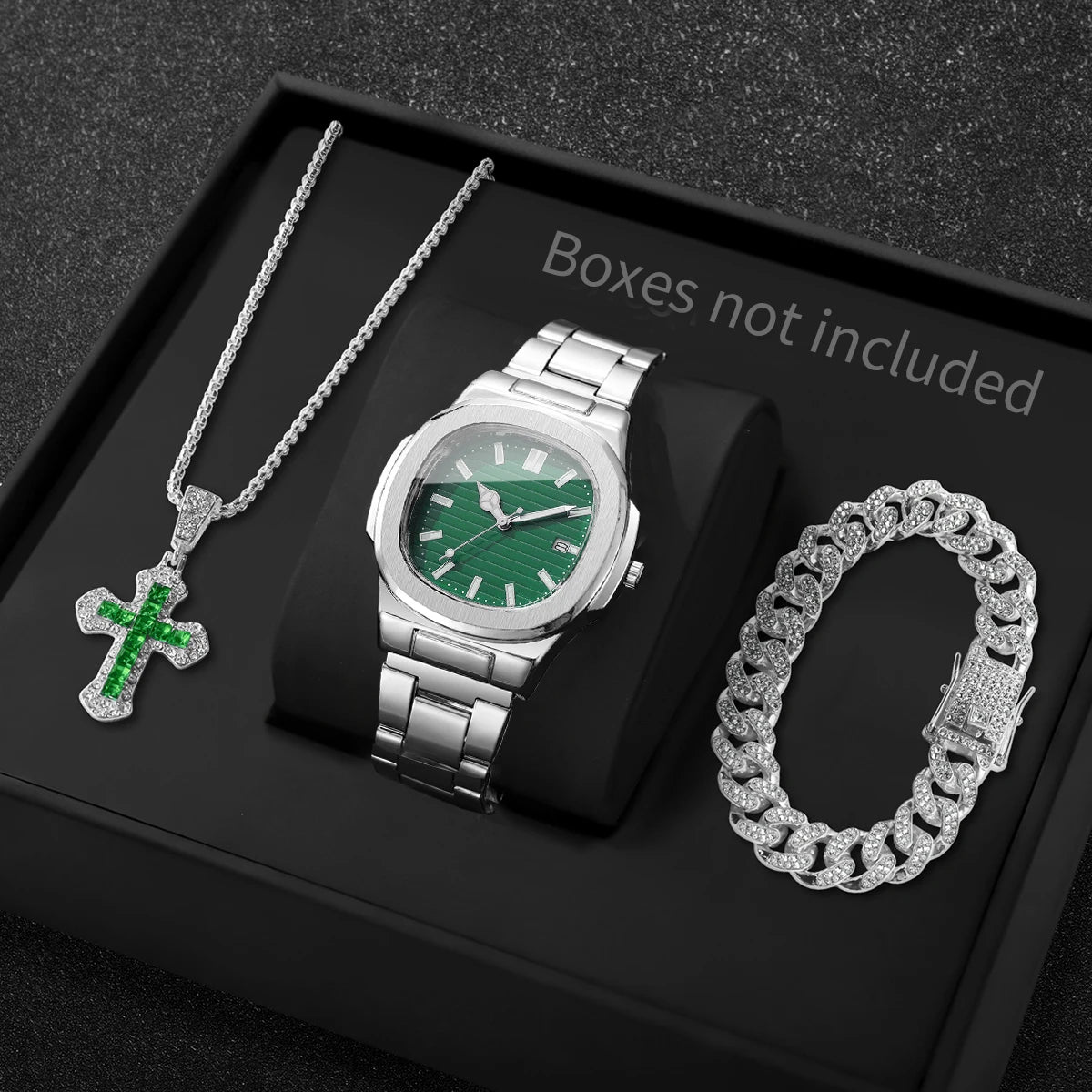 3PCS Fashion Men Business Watches Bracelet Necklace Set Square Dial Stainless Steel Band Quartz Watch with Calendar（Without Box）