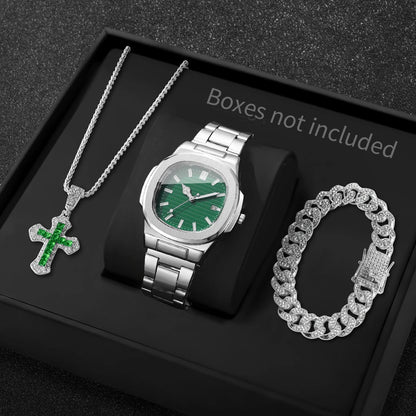 3PCS Fashion Men Business Watches Bracelet Necklace Set Square Dial Stainless Steel Band Quartz Watch with Calendar（Without Box）