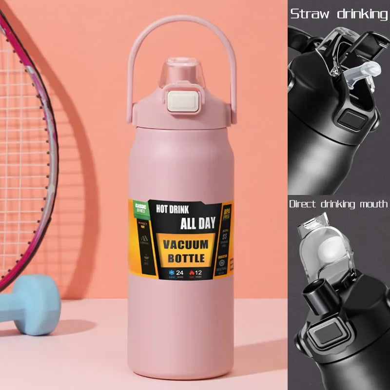 Stainless Steel Vacuum Bottle Large Capacity 1.2L/1.5L Insulated Thermo Water Flask Dual Use Lids Direct Straw Sport Gym Tumbler