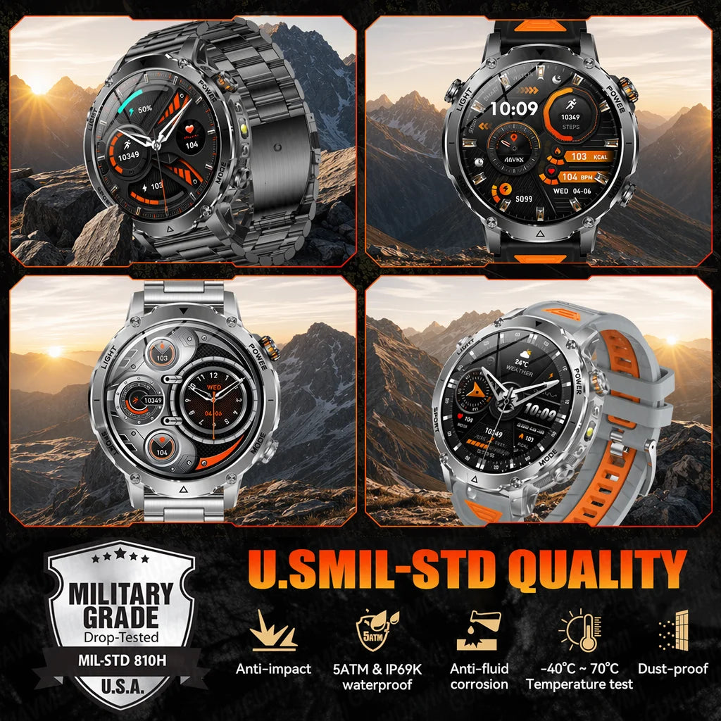 2026 Nowy Wojskowy CZOŁG Smartwatch Połączenia Bluetooth Wodoodporność 10ATM Bateria 1400mAh Monitorowanie Tętna Zegarek Sportowy Outdoor Męski