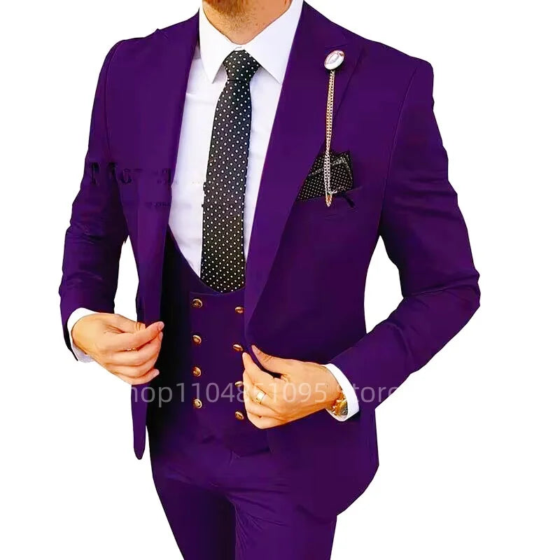 Solid Men's 3 Piece Suit Slim Fit Men Tuxedo Suit Party Wedding Prom Business One Button Peak Lapel Blazer Jacket Vest Pants Set