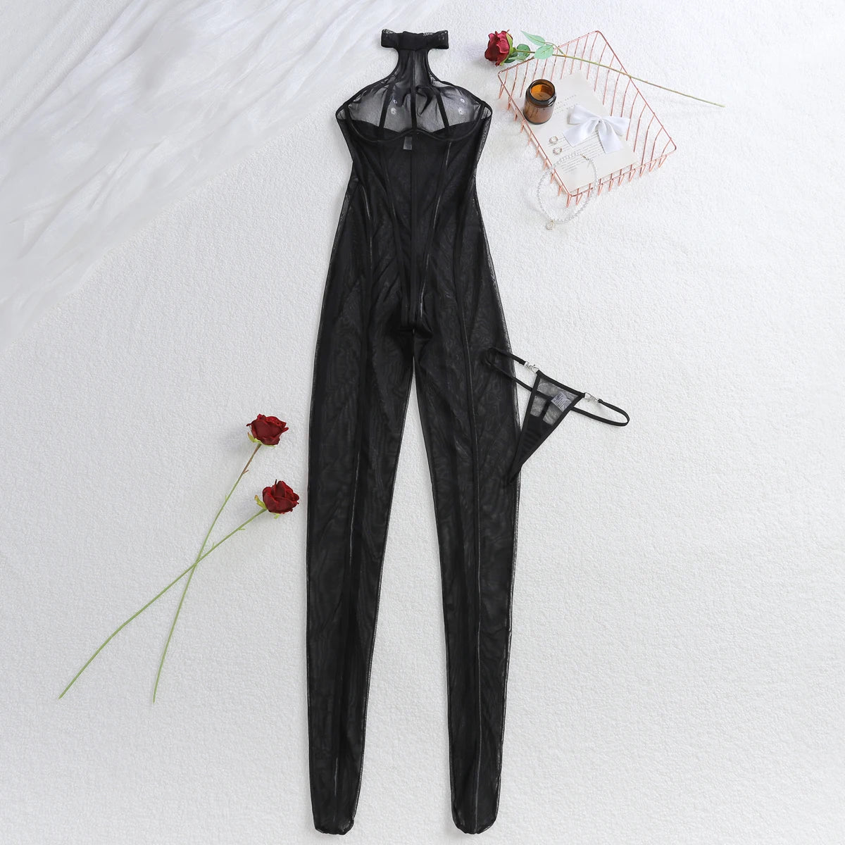 Fashionable slimming vertical stripe 2025 black silk see through sheer slim fit and sexy hanging neck jumpsuit