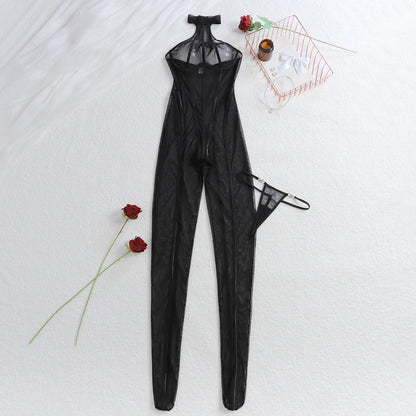 Fashionable slimming vertical stripe 2025 black silk see through sheer slim fit and sexy hanging neck jumpsuit