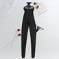 Fashionable slimming vertical stripe 2025 black silk see through sheer slim fit and sexy hanging neck jumpsuit