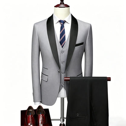 ( Jacket + Vest + Pants ) Men's 3 Piece Tuxedo Suit Set, Beige Blazer with Black Shawl Lapel for Wedding, Groom, Formal Party