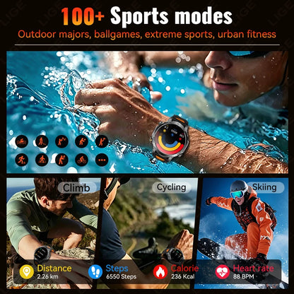 Smartwatch LIGE 2026 wojskowy, bateria 1400mAh, dla mężczyzn, latarka zewnętrzna, wodoodporność IP68, pulsometr, połączenia Bluetooth, bransoletka sportowa