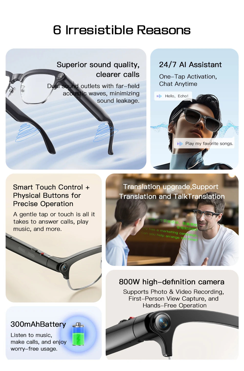 2026 New 8MP Ultra-Wide HD Camera Smart Glasses Video Record 4GB AI Photo Recognition BT Call Translation Voice Smart Glasses