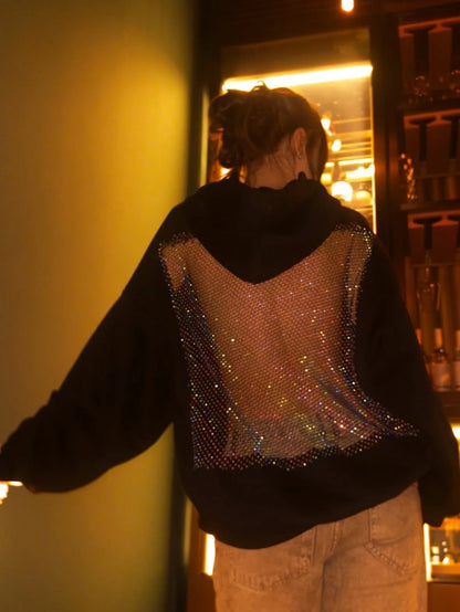 Hot Sweet Sparkling Rhinestone Mesh Transparent Hoodie Y2K Womens Fashion Sexy Backless Oversized Hoodie Casual Pullover Tops