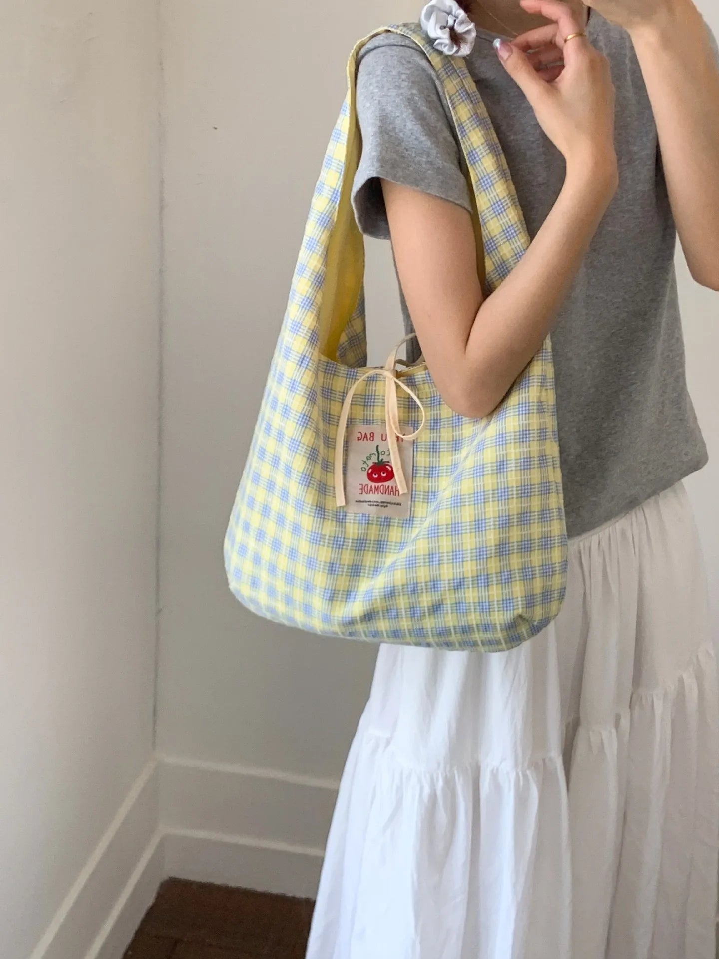 Cartoon Tomato Standard Plaid Vest Bag Large-Capacity Student Class Double-sided Backpack Fashionable Versatile Shoulder Bag