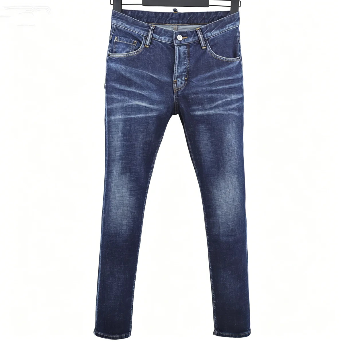 6057 Four Seasons New Men's Wear Washed Ripped Patch Paint Slim-fit Feet Blue Jeans for Men