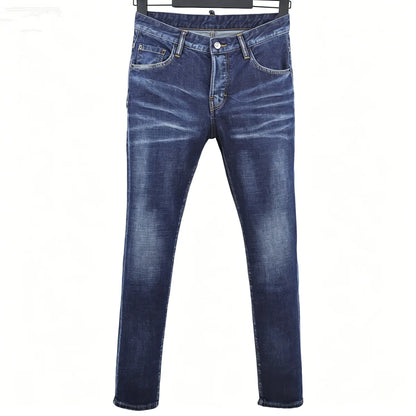 6057 Four Seasons New Men's Wear Washed Ripped Patch Paint Slim-fit Feet Blue Jeans for Men
