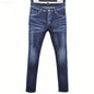 6057 Four Seasons New Men's Wear Washed Ripped Patch Paint Slim-fit Feet Blue Jeans for Men