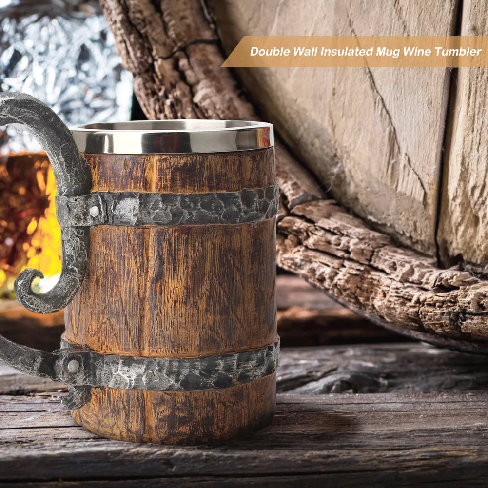 Wooden Barrel Beer Cup Stainless Steel Coffee Mug Viking Style Vintage Beer Mug Double Wall Drinking Cup Halloween Bar Drinkware