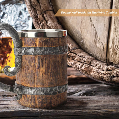 Wooden Barrel Beer Cup Stainless Steel Coffee Mug Viking Style Vintage Beer Mug Double Wall Drinking Cup Halloween Bar Drinkware