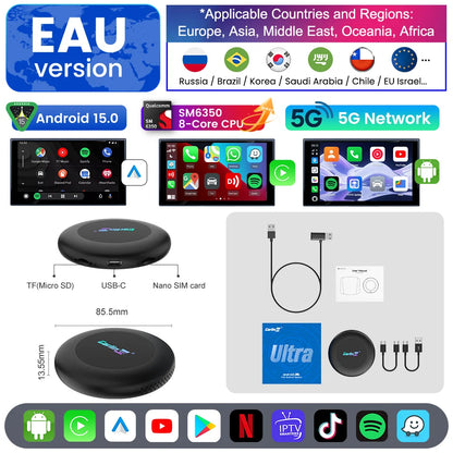 2026 5G Car Ai box SM6350 CarPlay Wireless Android 15.0 Ultra2 Android Auto Wireless Ai Box Support Youtube Netfilx IPTV BT5.1