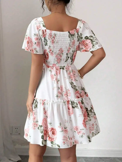 Women Floral Print Sashes Ruffle Hem Short Sleeve Casual Dress, Vacation Style Women's Evening Dresses