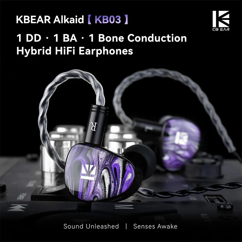 KBEAR Alkaid KB03 1DD+1BA+1Bone Conduction Hybrid IEM HiFi Earphones Beryllium-Coated Dynamic 3D Printed Resin Cavity Wired Headphones for Audiophile & Gaming